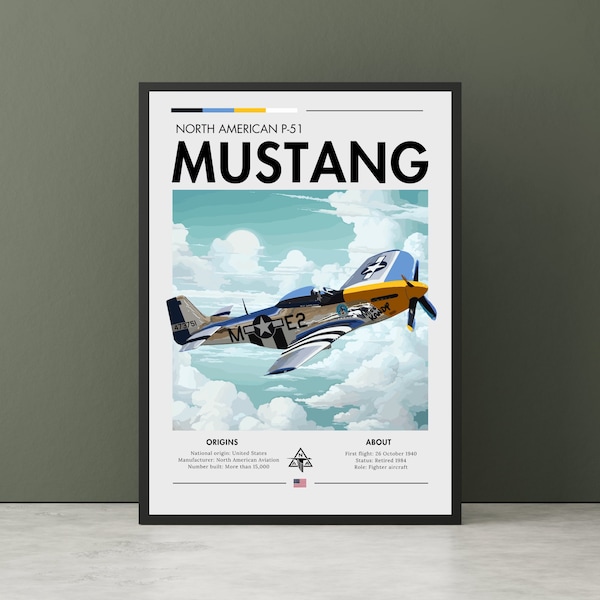North American P-51 Mustang Print - WWII Aviation Art, Korean War, Royal Airforce, White Clouds, Plane Poster, Fighter Jet Poster Wall Art