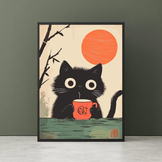 Black Cat Drinking Tea Poster - Japanese Kawaii Wall Art, Cute Cat Art, Zen Kitchen Decor, Matcha Lover Gift, Ukiyo-e Style Cat Illustration