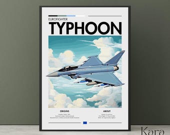 May include: A framed poster featuring a light blue Eurofighter Typhoon jet flying through a cloudy sky. The text reads Eurofighter Typhoon, Origins, and About, with technical details listed below the illustration of the aircraft in flight.