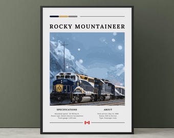 May include: A framed print featuring a blue and yellow Rocky Mountaineer train against a snowy mountain backdrop. The print includes the text "ROCKY MOUNTAINEER", specifications, and information about the train. The Canadian flag is at the bottom.