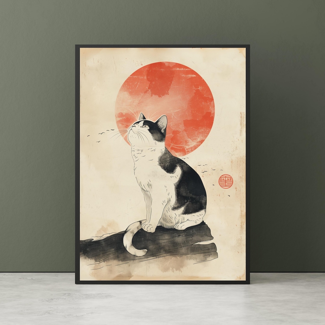 Japanese Cat Art Print - Ukiyo-e Style Black and White Cat Poster, Red ...