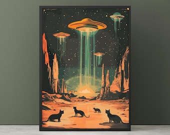Könnte beinhalten: Ein gerahmter Kunstdruck zeigt eine Retro-Science-Fiction-Szene in Orange- und Türkistönen. Ufos strahlen Licht auf eine Wüstenlandschaft, in der mehrere schwarze Katzen silhouettiert sind. Das Kunstwerk hat einen Vintage-Comic-Stil.