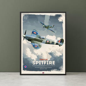 Supermarine Spitfire Poster - WWII Aviation Art, Battle of Britain, Retro - style Aviation Print for Pilot Gift, Fighter Jet Wall Art