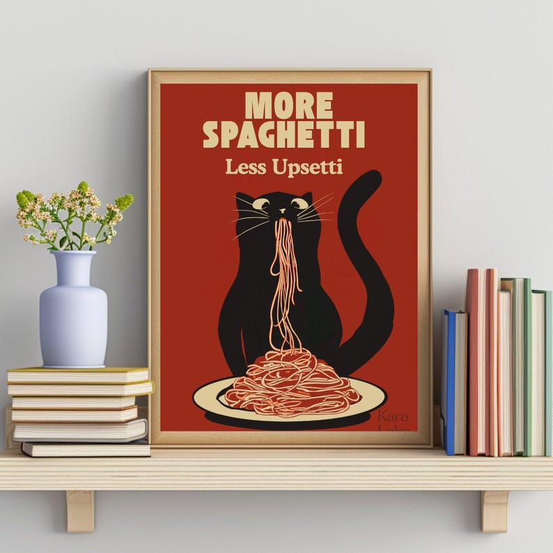 Hungry Cat Spaghetti Print, Humorous Poster, Funny Wall Art for Kitchen image 4