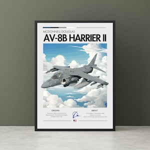 Puede incluir: Un avión de combate McDonnell Douglas AV-8B Harrier II volando en un cielo nublado. El avión es gris y tiene el número "12" en blanco en el lateral. El texto "MCDONNELL DOUGLAS AV-8B HARRIER II" está en la parte superior de la imagen. El texto "ORIGINS" y "ABOUT" está en la parte inferior de la imagen con detalles sobre el avión.