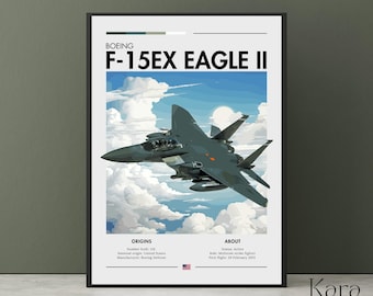 May include: A framed poster featuring a dark gray Boeing F-15EX Eagle II fighter jet flying through a blue sky with white clouds. The text reads Boeing F-15EX Eagle II, Origins, and About, with details on the aircraft's status, role, and flight date.