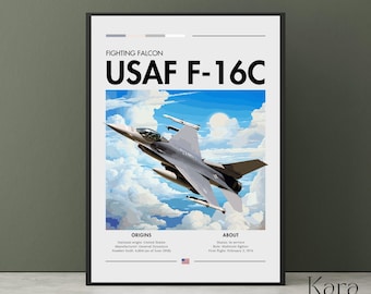 May include: A framed poster featuring a gray USAF F-16C Fighting Falcon jet flying through a blue sky with white clouds. The text includes "FIGHTING FALCON", "USAF F-16C", "ORIGINS", "ABOUT", and technical specifications regarding the aircraft's history.