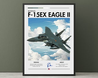 Puede incluir: Un póster con un avión de combate F-15EX Eagle II gris volando en un cielo azul con nubes blancas. El póster tiene el texto "BOEING F-15EX EAGLE II" en la parte superior e información sobre los orígenes y las especificaciones del avión en la parte inferior.