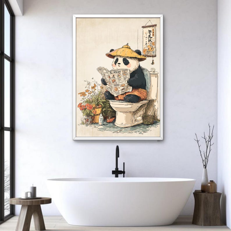 Funny Panda on Toilet Poster - Kawaii Bathroom Wall Art, Cute Animal ...