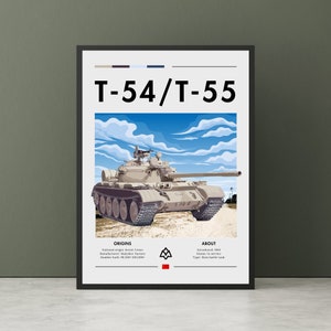 Stampa T-54/T-55 - Arte di guerra della seconda guerra mondiale, carro armato da combattimento principale, nuvole, terreno, poster di carri armati, arte murale dell'Unione Sovietica