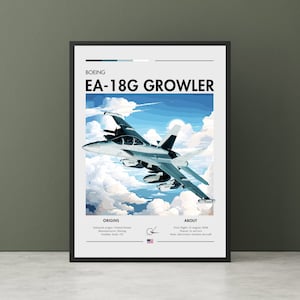 May include: A framed poster featuring a Boeing EA-18G Growler aircraft in flight against a blue sky with clouds. The poster includes the text "BOEING EA-18G GROWLER" and details about the aircraft's origins and role.