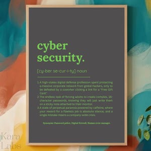 Könnte beinhalten: Ein rechteckiger Wandkunstdruck in einem hellen Holzrahmen mit dunkelgrauem Hintergrund und leuchtend grünem Text. Der Druck zeigt eine humorvolle wörterbuchartige Definition von cyber security, inklusive Lautschrift und drei Punkten.