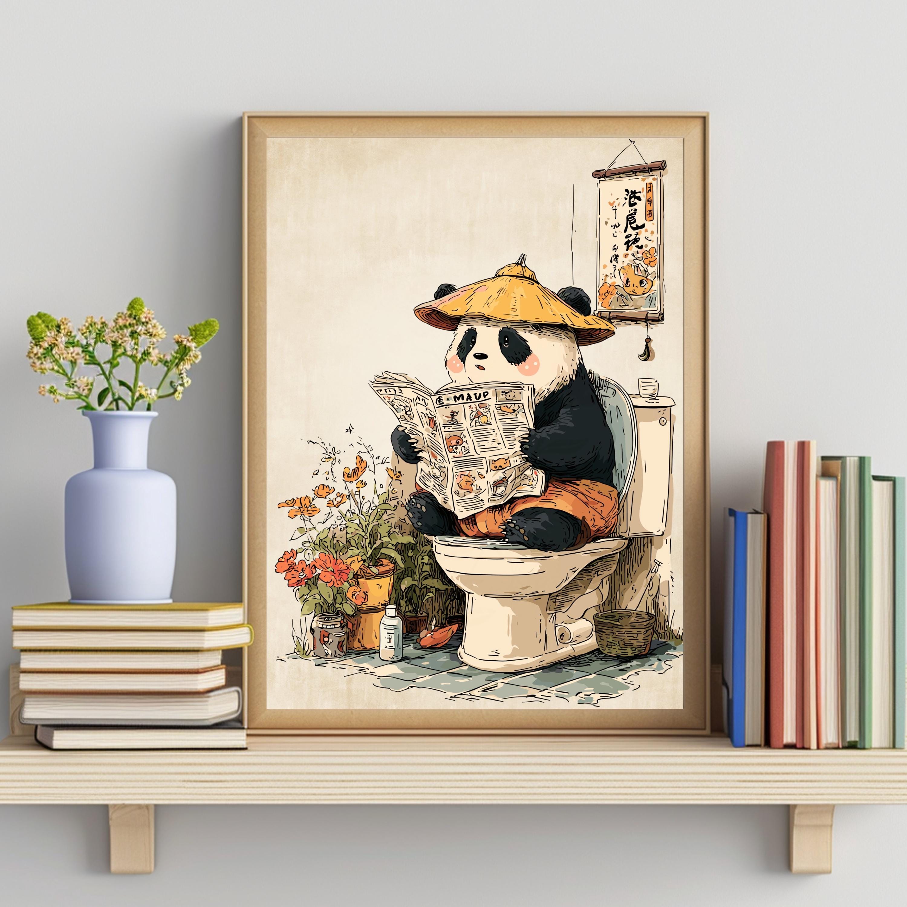 Funny Panda on Toilet Poster - Kawaii Bathroom Wall Art, Cute Animal ...