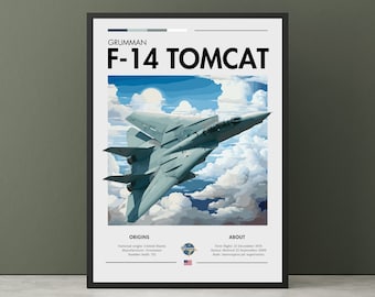 Puede incluir: Un póster con un avión de combate Grumman F-14 Tomcat volando a través de un cielo nublado. El póster incluye el texto "Grumman F-14 Tomcat", "Origins" y "About". La sección "Origins" enumera el origen nacional como Estados Unidos, el fabricante como Grumman y el número construido como 712. La sección "About" enumera el primer vuelo como 21 de diciembre de 1970, el estado como retirado el 22 de septiembre de 2006 y el rol como interceptor de superioridad aérea.