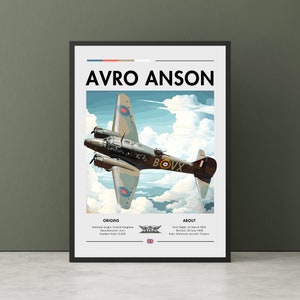 Peut inclure: Une affiche encadrée représentant un avion Avro Anson en vol dans un ciel nuageux. L'affiche affiche "AVRO ANSON" et des informations sur l'origine et les spécifications de l'avion. Les couleurs dominantes sont le vert, le marron et le bleu.