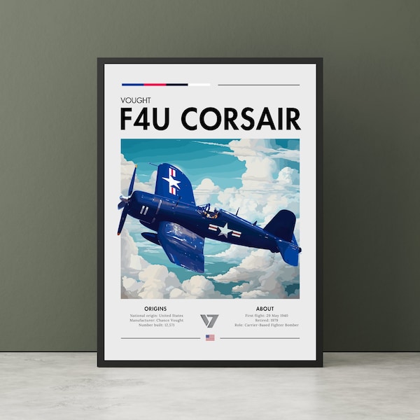 Vought F4U Corsair Print - WWII Aircraft,Korean war,Carrier-based fighter-bomber, White Cliffs, Plane Poster, Poster Wall Art