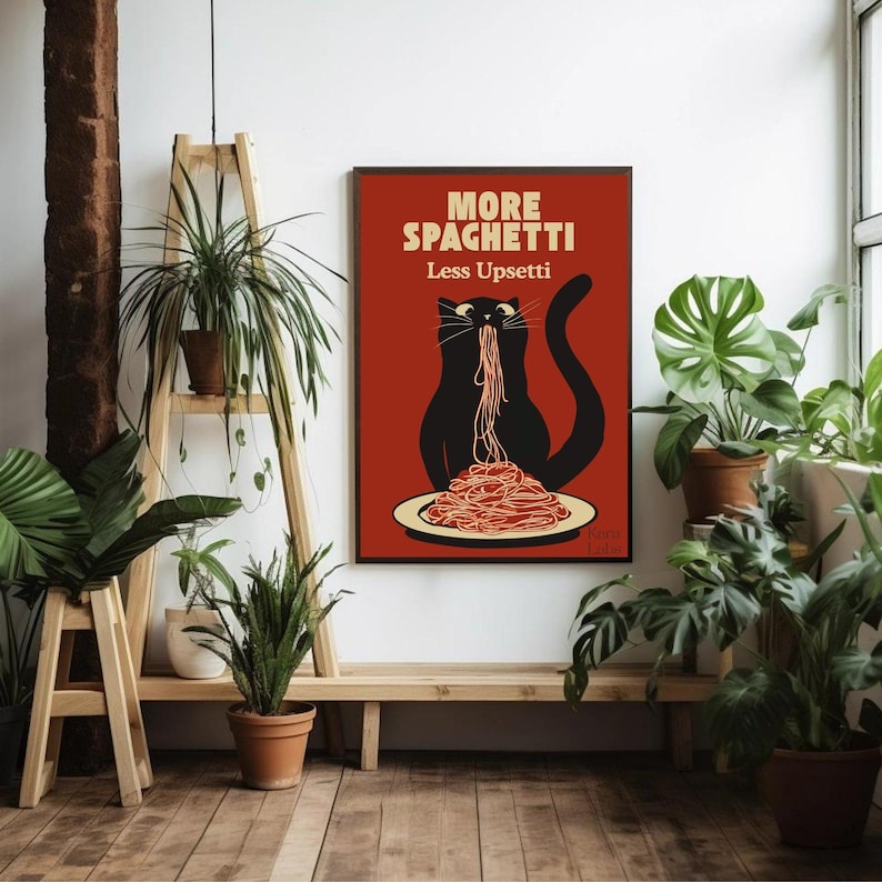 Hungry Cat Spaghetti Print, Humorous Poster, Funny Wall Art for Kitchen image 13