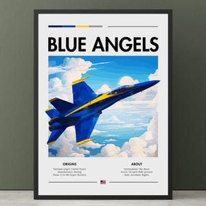 May include: Framed print showing a blue and yellow F/A-18E Super Hornet aircraft against a cloudy sky. The text "BLUE ANGELS" is displayed. Additional text provides details about the aircraft's origins and role.