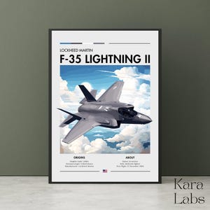 May include: A framed poster featuring a grey Lockheed Martin F-35 Lightning II fighter jet flying through a blue sky with white clouds. The text includes "LOCKHEED MARTIN F-35 LIGHTNING II", "ORIGINS", "ABOUT", and technical specifications.