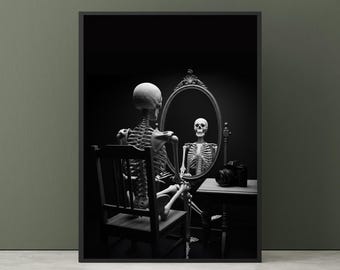 Skeleton Poster - Halloween Wall Art, Gothic Decor, Black and White Print, Mysterious Reflection, Dark Academia Gift, Unique Gothic Wall Art