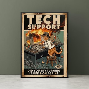 Poster vintage retrò con gatto e tema assistenza tecnica - Divertente decorazione murale a tema IT