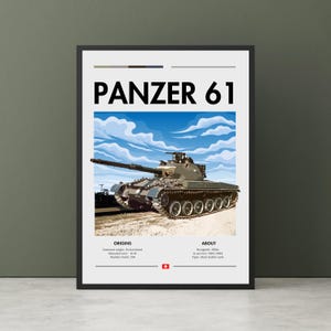 Stampa del carro armato Panzer 61 - Arte della Guerra Fredda, carro armato svizzero, carro armato da combattimento principale, nuvole, terra, poster di carri armati, arte murale di carri armati svizzeri