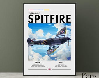 Op de afbeelding: Een ingelijste poster met een Supermarine Spitfire vliegtuig in de lucht tegen een blauwe hemel met witte wolken. De tekst bevat "SUPERMARINE SPITFIRE", "ORIGINS", "ABOUT" en technische gegevens zoals "Number built: 20.334" en "Retired: 1961".