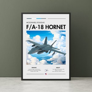 Puede incluir: Un póster con un marco negro y un fondo blanco. El póster presenta un avión de combate F/A-18 Hornet gris volando en un cielo azul con nubes blancas. El texto "MCDONNELL DOUGLAS F/A-18 HORNET" está en la parte superior del póster. Debajo de la imagen del avión, hay texto sobre los orígenes y sobre el avión.