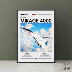 Puede incluir: Un póster vertical que muestra un avión de combate Dassault Mirage 4000 blanco en vuelo contra un cielo azul con nubes blancas. El texto dice Dassault Mirage 4000, Origins y About, con detalles técnicos que incluyen la fecha del primer vuelo.