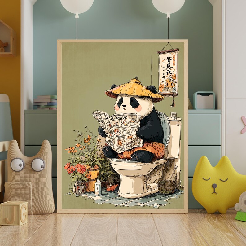 Funny Panda on Toilet Poster - Kawaii Bathroom Wall Art, Cute Animal ...