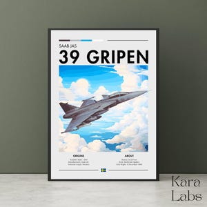 May include: A framed poster featuring a gray Saab JAS 39 Gripen fighter jet flying through a blue sky with white clouds. The text reads SAAB JAS 39 GRIPEN, ORIGINS, ABOUT, and includes technical details like manufacturer, status, and first flight date.
