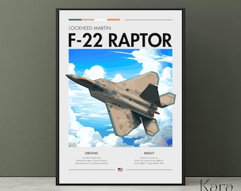 May include: A vertical poster featuring a Lockheed Martin F-22 Raptor fighter jet in flight against a blue sky with white clouds. The text reads Lockheed Martin F-22 Raptor, Origins, Number built: 195, National origin: United States, Manufacturer: Lockheed Martin, About, Status: In service, Role: Air superiority fighter, First flight: 7 September 1997.