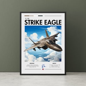 May include: A poster featuring a brown and grey F-15E Strike Eagle fighter jet soaring through a blue sky with white clouds. The poster is titled "F-15E Strike Eagle" in black lettering at the top. It also includes details about the jet's origins and specifications.