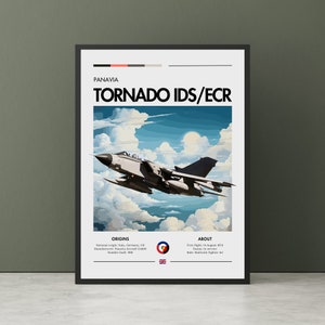 May include: A Panavia Tornado IDS/ECR fighter jet flying in a blue sky with white clouds. The jet is grey and white with a red, white and blue flag on the tail. The text "PANAVIA TORNADO IDS/ECR" is at the top of the image. The text "ORIGINS" and "ABOUT" are below the jet with details about the aircraft.
