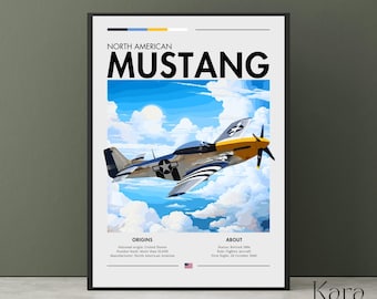Op de afbeelding: Een ingelijste poster met een North American Mustang gevechtsvliegtuig in de lucht tegen een blauwe hemel met witte wolken. De tekst bevat de titel North American Mustang, samen met secties voor Origins en About die de geschiedenis beschrijven.