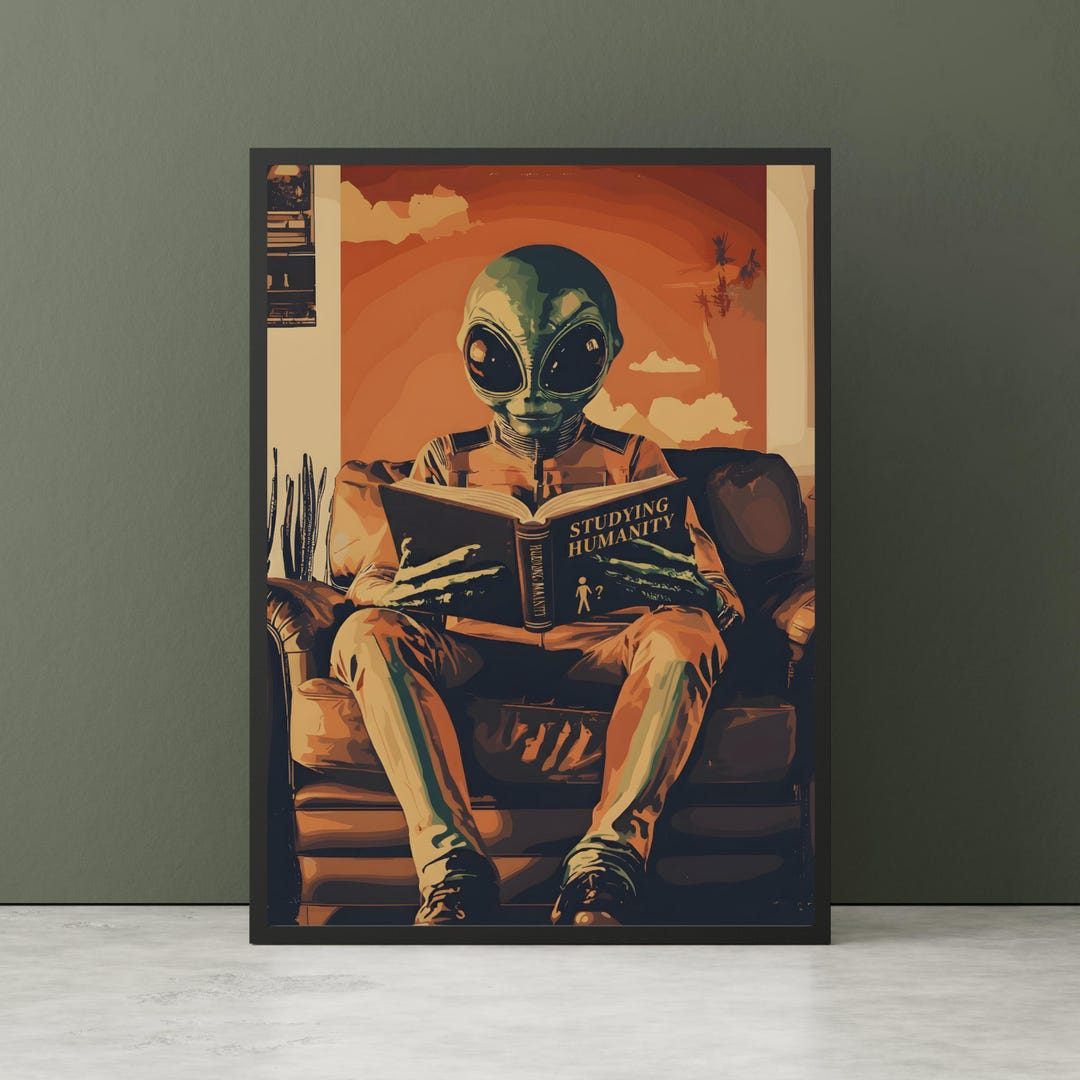 Alien Reading Print - Dark Academia Poster, Studying Humanity Art ...