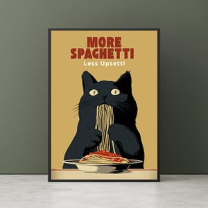 Black Cat Spaghetti Print – Humorous Whimsical Kitchen Wall Art (Digital Download)