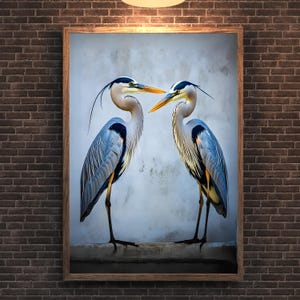 Arte de pared de dos garzas azules, impresión de garza, póster de aves zancudas, impresión de ornitología, decoración de pared costera, impresión de amante de las aves, arte de pared romántico.