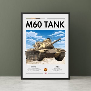 Stampa del carro armato M60 - Arte della guerra del Vietnam, carro armato da combattimento principale, nuvole, terra, poster di carri armati, arte murale USA