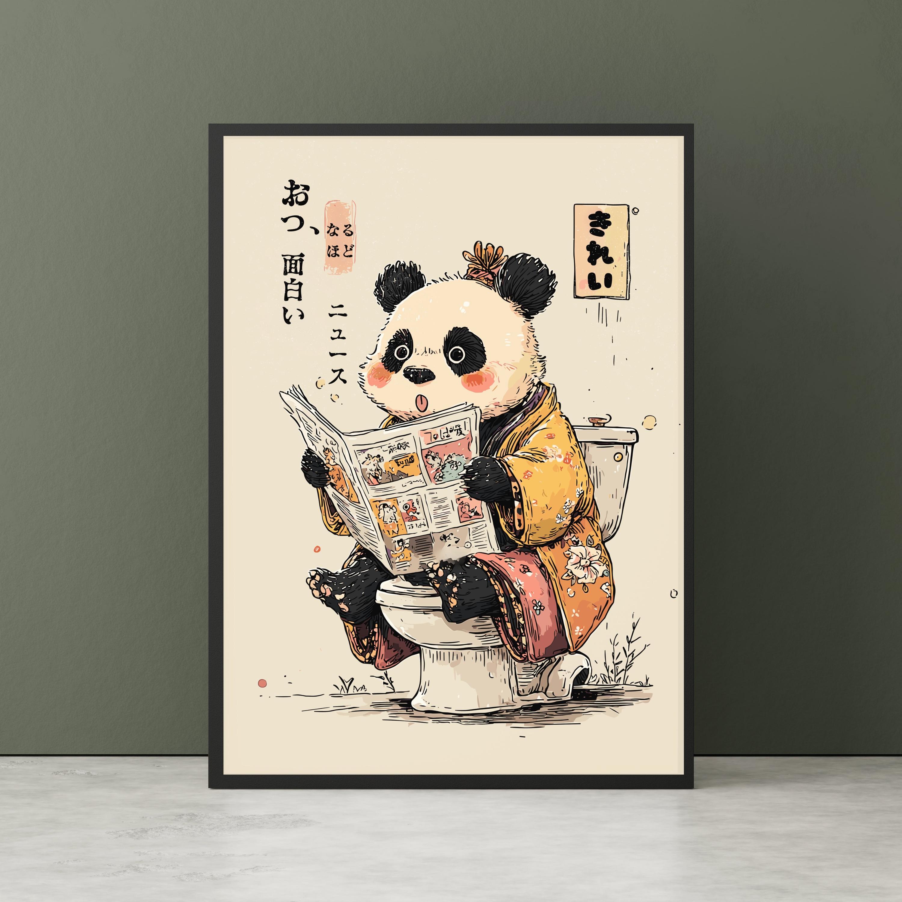Panda on the Toilet Wall Art - Funny Bathroom Print, Panda Reading