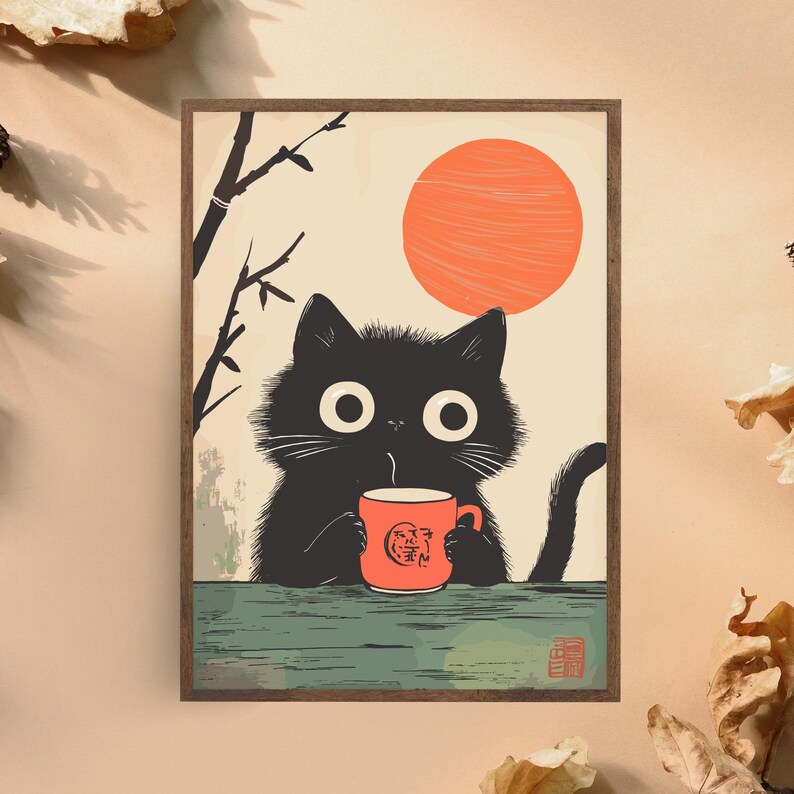 May include: A framed art print featuring a black cat holding a red mug with a graphic design. The cat is set against a backdrop of a rising orange sun and a minimalist tree branch. The artwork has a vintage, illustrative style.