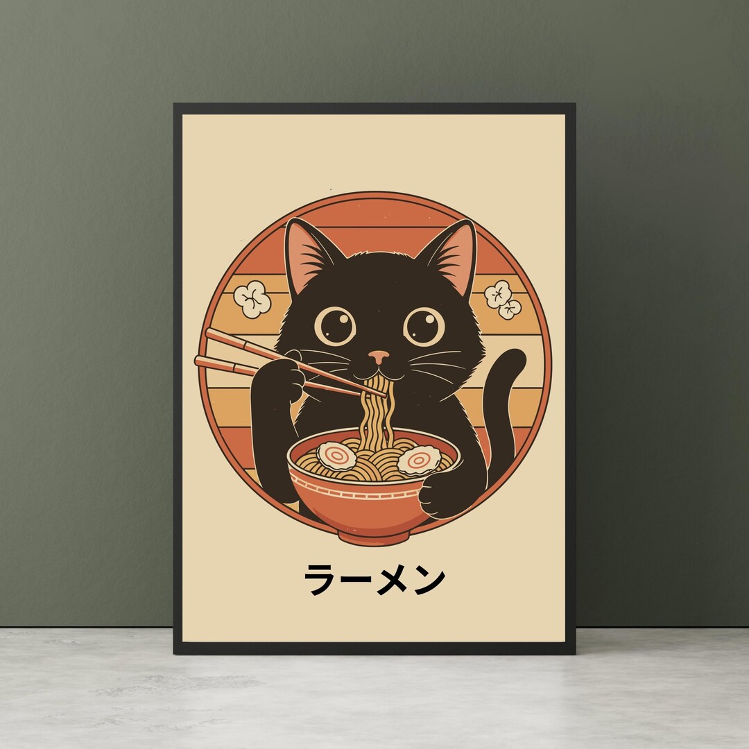 Black Cat Ramen Poster – Japanese Neko Art Print, Kitchen Decor ...
