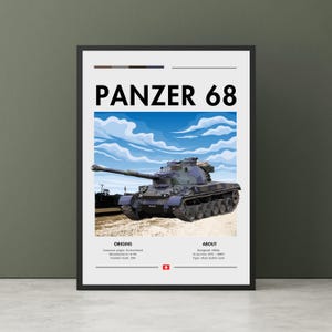 Stampa del carro armato Panzer 68 - Arte murale, carro armato svizzero, carro armato da combattimento principale, nuvole, terra, poster di carri armati, arte murale di carri armati svizzeri