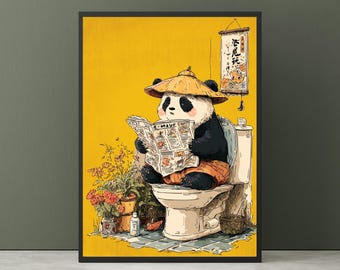Funny Panda on Toilet Poster - Kawaii Bathroom Wall Art, Cute Animal Reading Newspaper Print, Humorous Bathroom Decor, Quirky Panda Art Gift