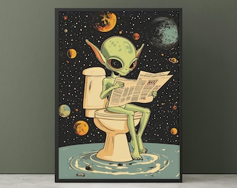 Alien Pooping Wall Art - Funny Bathroom Print, Sci Fi UFO Poster, Alien Reading, Toilet Print, UFO on the toilet, Retro Bathroom Print.