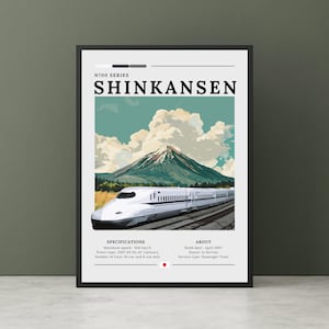 Peut inclure: Un train à grande vitesse Shinkansen de la série N700, blanc et bleu, traverse un paysage montagneux avec le mont Fuji en arrière-plan. L'affiche comprend les spécifications et des informations sur le train, notamment sa vitesse maximale de 300 km/h, son type d'alimentation et le nombre de voitures.