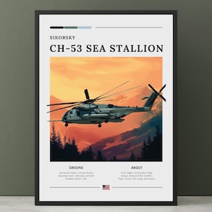 Sikorsky CH-53 Sea Stallion Poster - American Helicopter Print,Heavy-lift cargo helicopter, Military Helicopter Aircraft Wall Art.