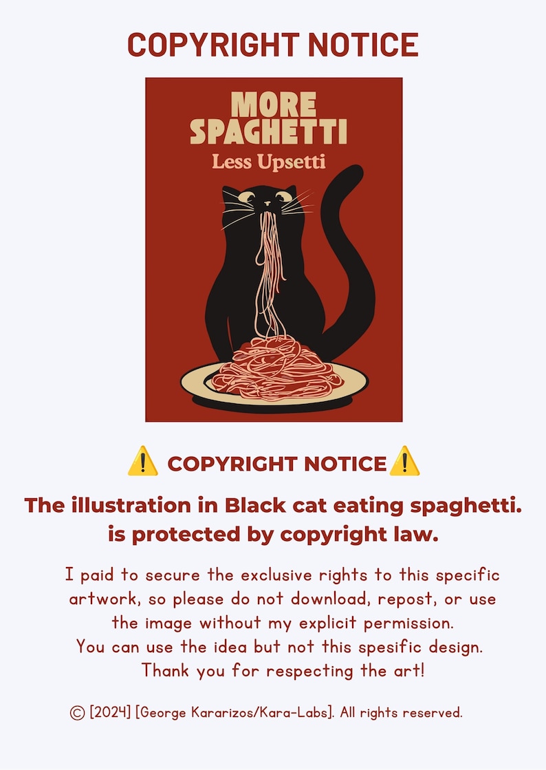 May include: A rectangular graphic illustration on a dark red background featuring a black cat eating a plate of spaghetti. The text at the top reads MORE SPAGHETTI Less Upsetti in white and beige lettering. The cat is centered, facing forward.
