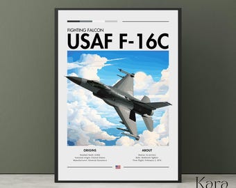 May include: A framed poster featuring a gray USAF F-16C Fighting Falcon jet flying through a blue sky with white clouds. The text reads FIGHTING FALCON USAF F-16C, with sections for ORIGINS and ABOUT detailing the aircraft's history and specifications.