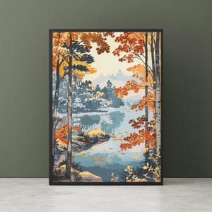 Vintage Maple Trees at Mama - Utagawa Hiroshige print, Vintage Japanese Woodblock, Ukiyo-E Wall Art, Tekona Shrine Poster, Oriental Decor.